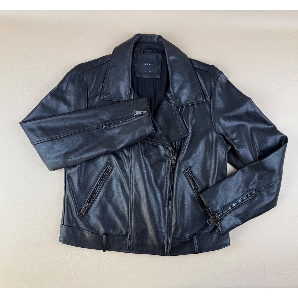 Edgy Moto‎ Biker Jacket Black Faux Leather Large Elodie